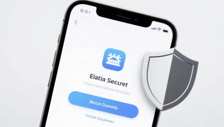 一部现代智能手机屏幕上显示天启应用的安全下载界面,旁边有安全盾牌图标,背景简洁